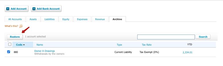 restore button on the archive tab in xero