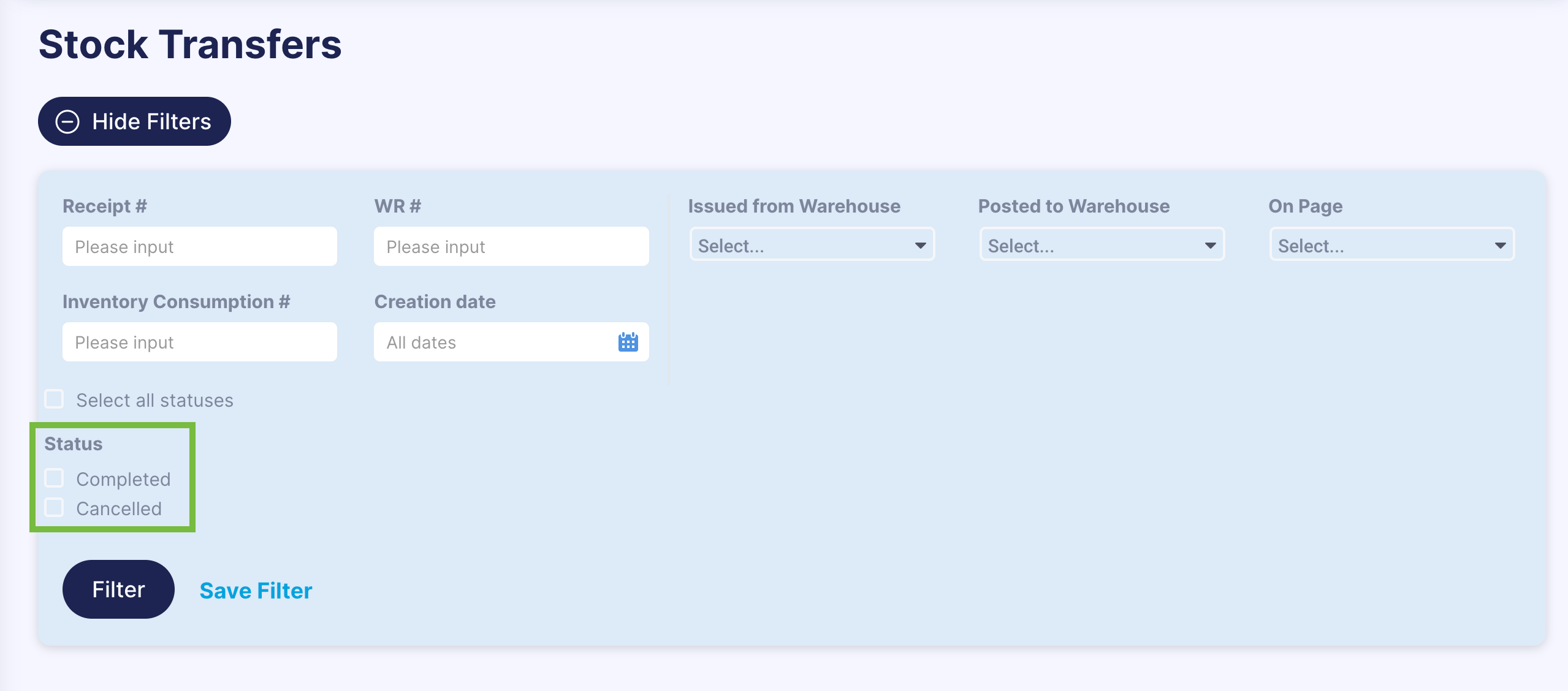 filtering stock transfers by the status