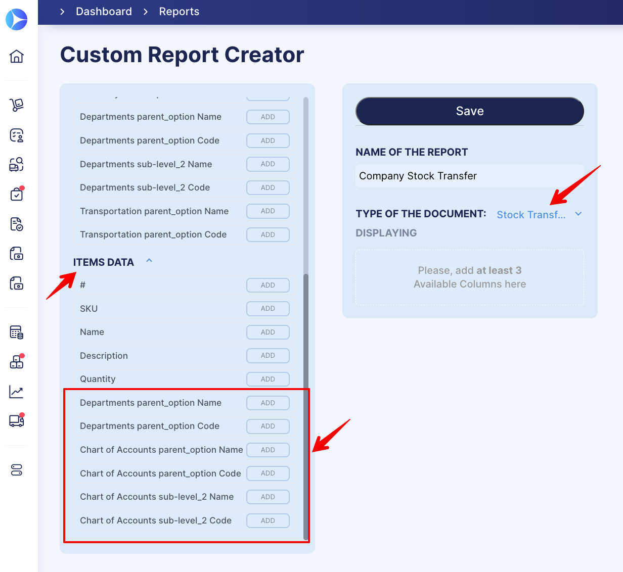 custom Rrport creator – items data