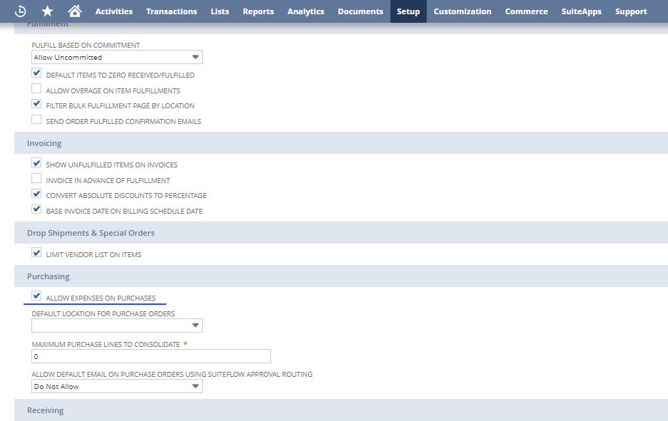 netsuite allow expenses on purchases