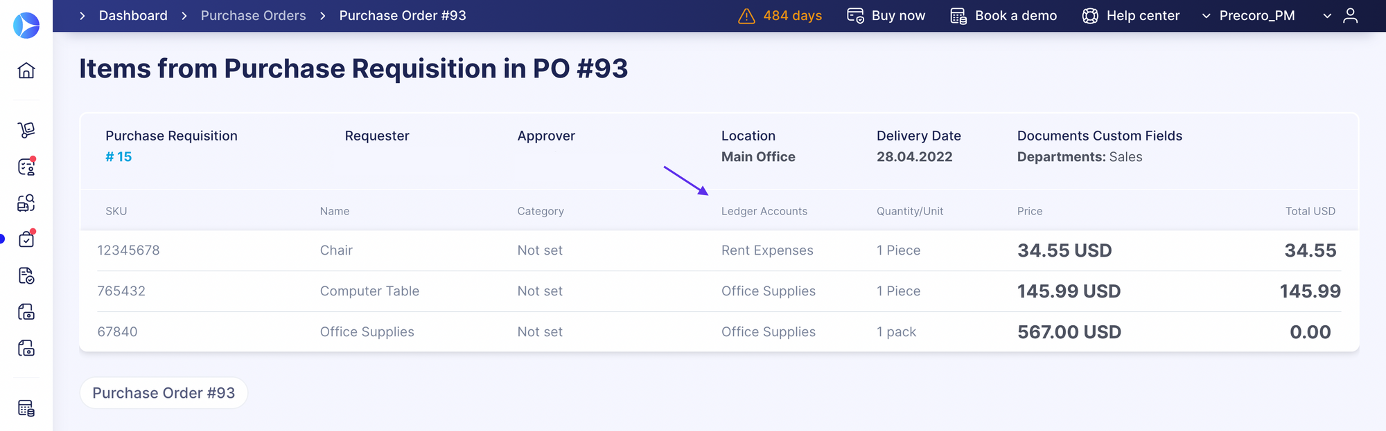 items custom field in the purchase requisition