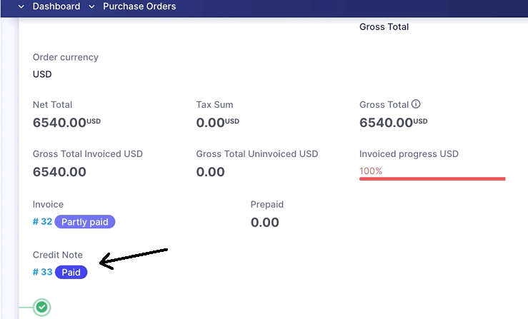 precoro credit note display in a purchase order