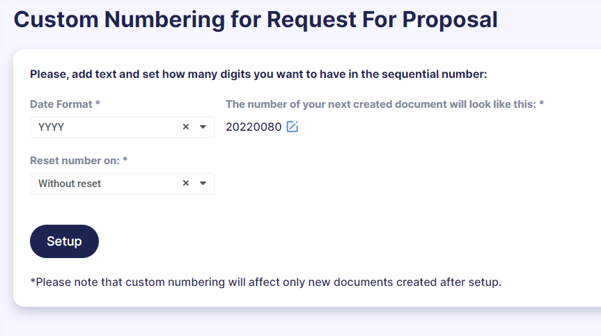 precoro setting up custom numbering for request for proposal