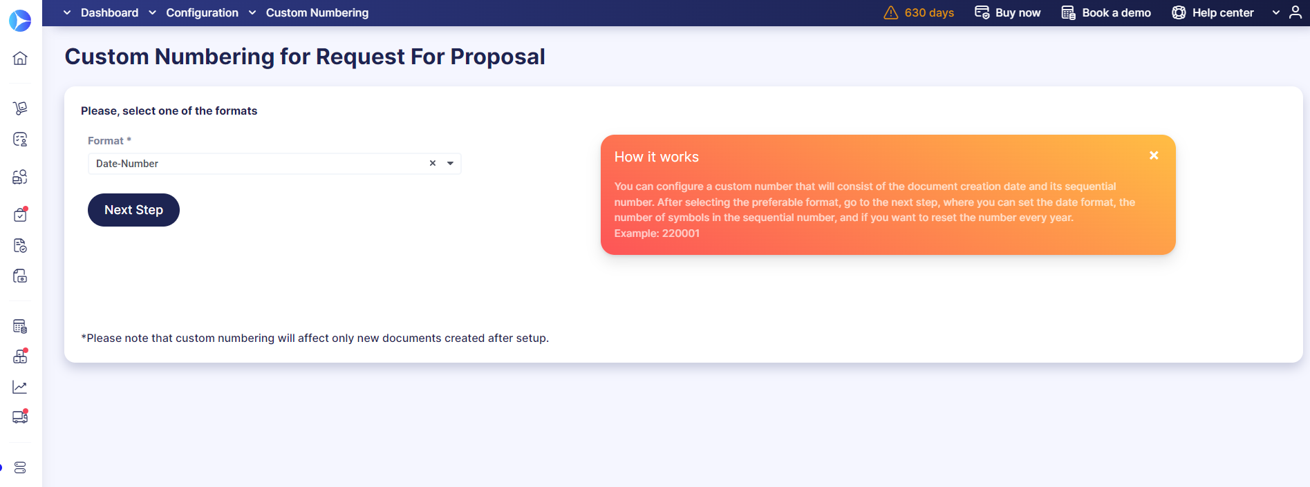 precoro custom numbering for request for proposal