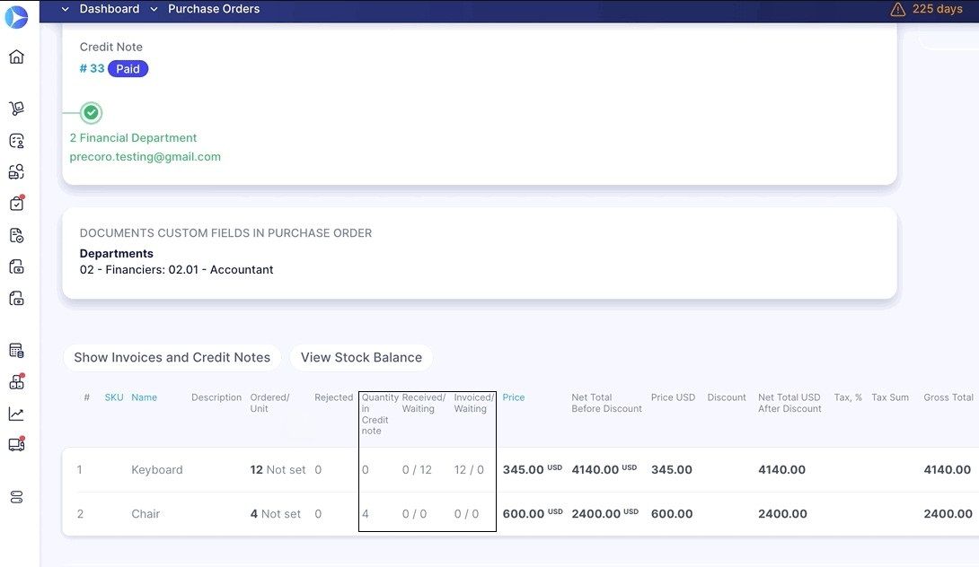 precoro quantity in credit note column