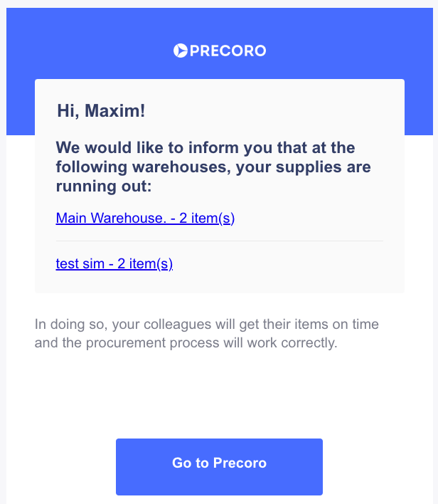 precoro low stock inventory notification