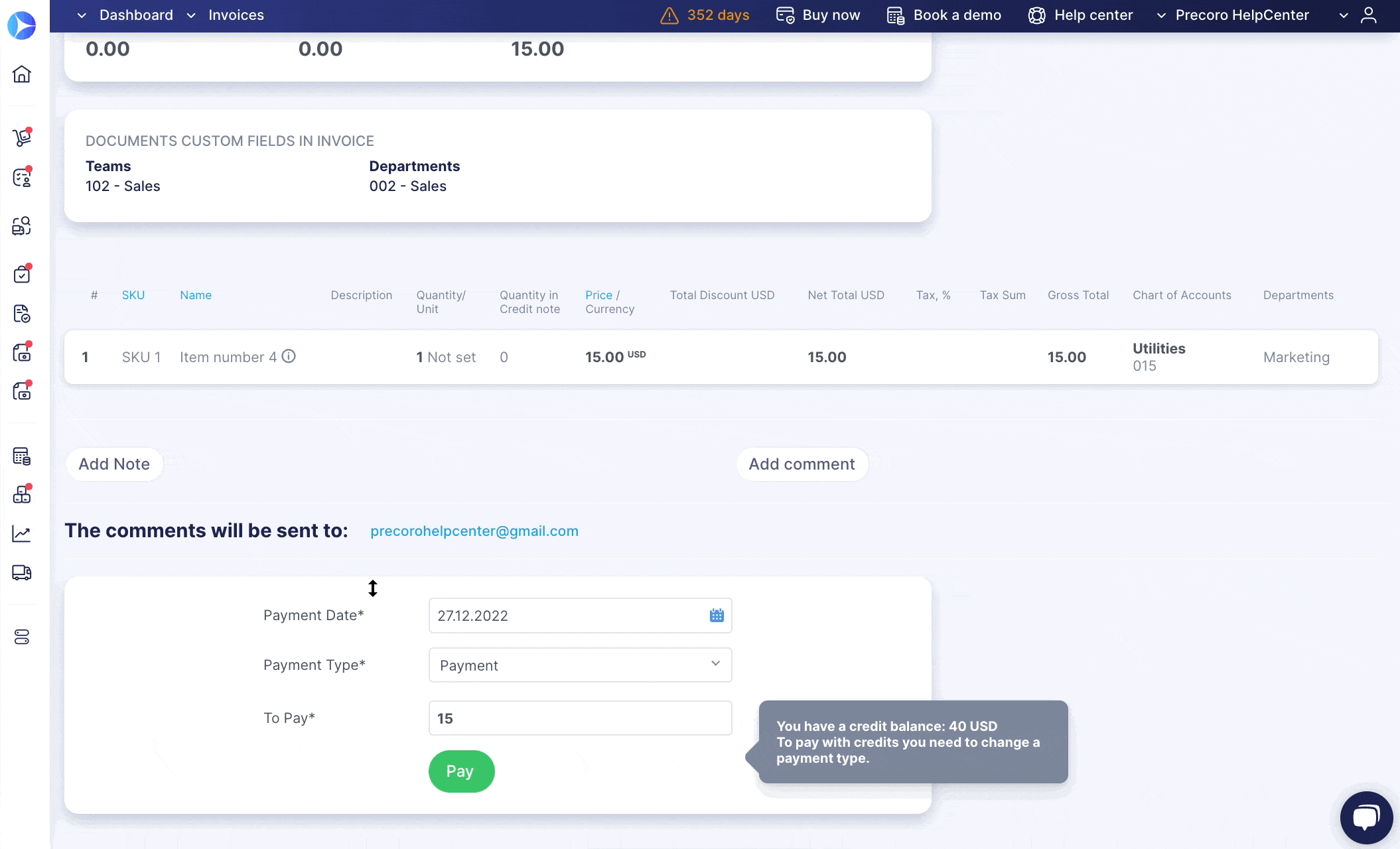 the payment date field in precoro