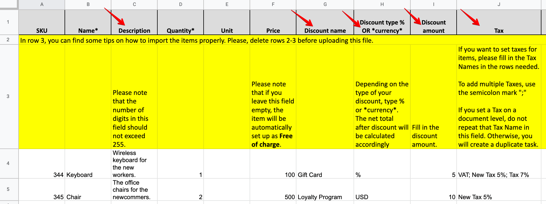 precoro item import template