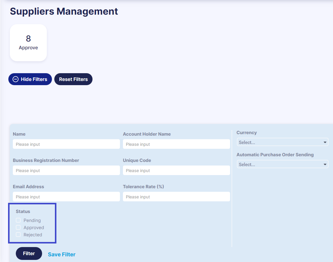 suppliers management page