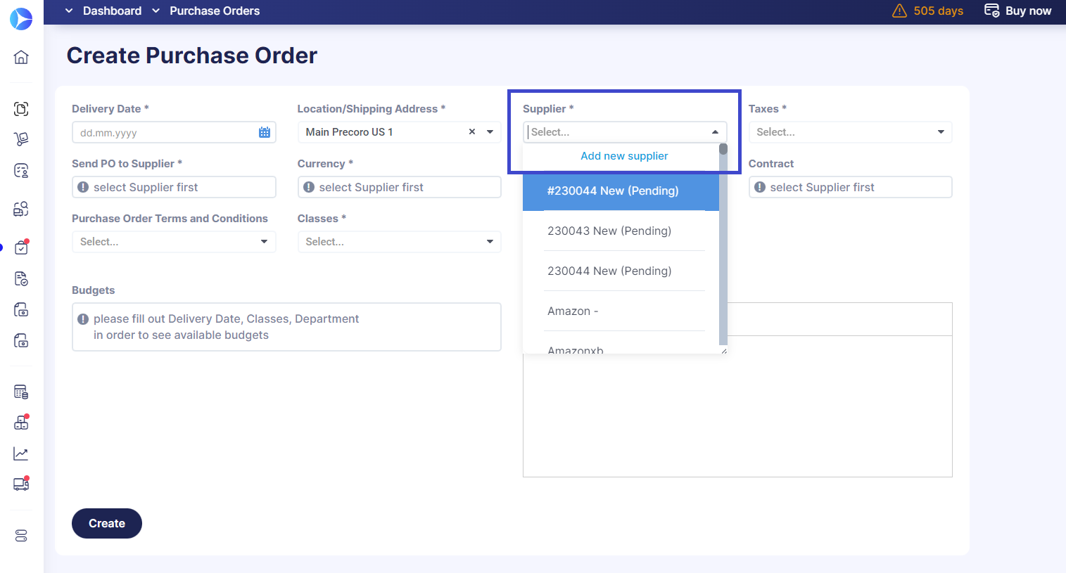 supplier field on the purchase order