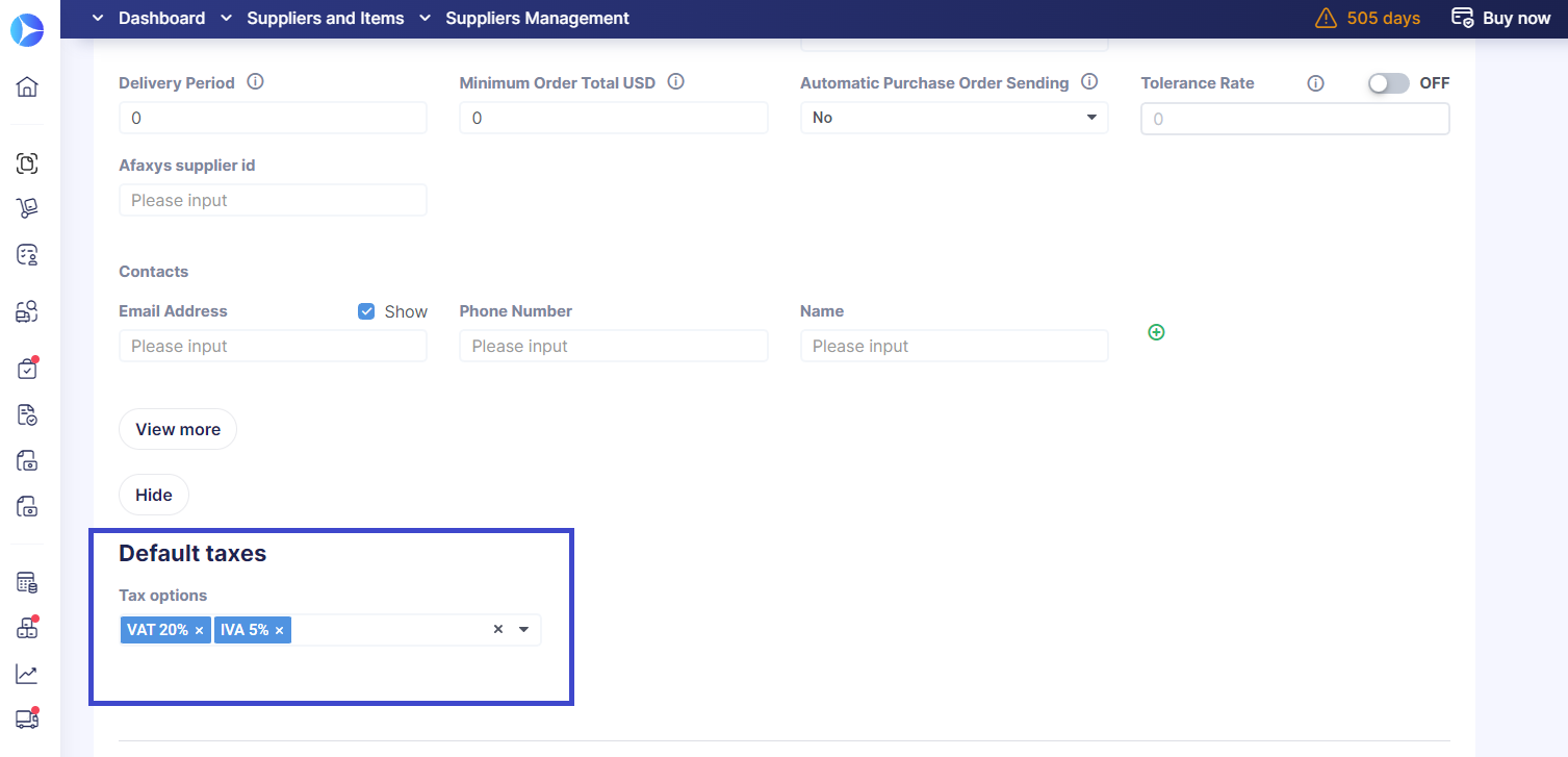 configuring default taxes