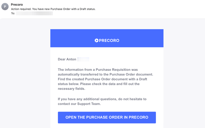 precoro email notification to default purchaser