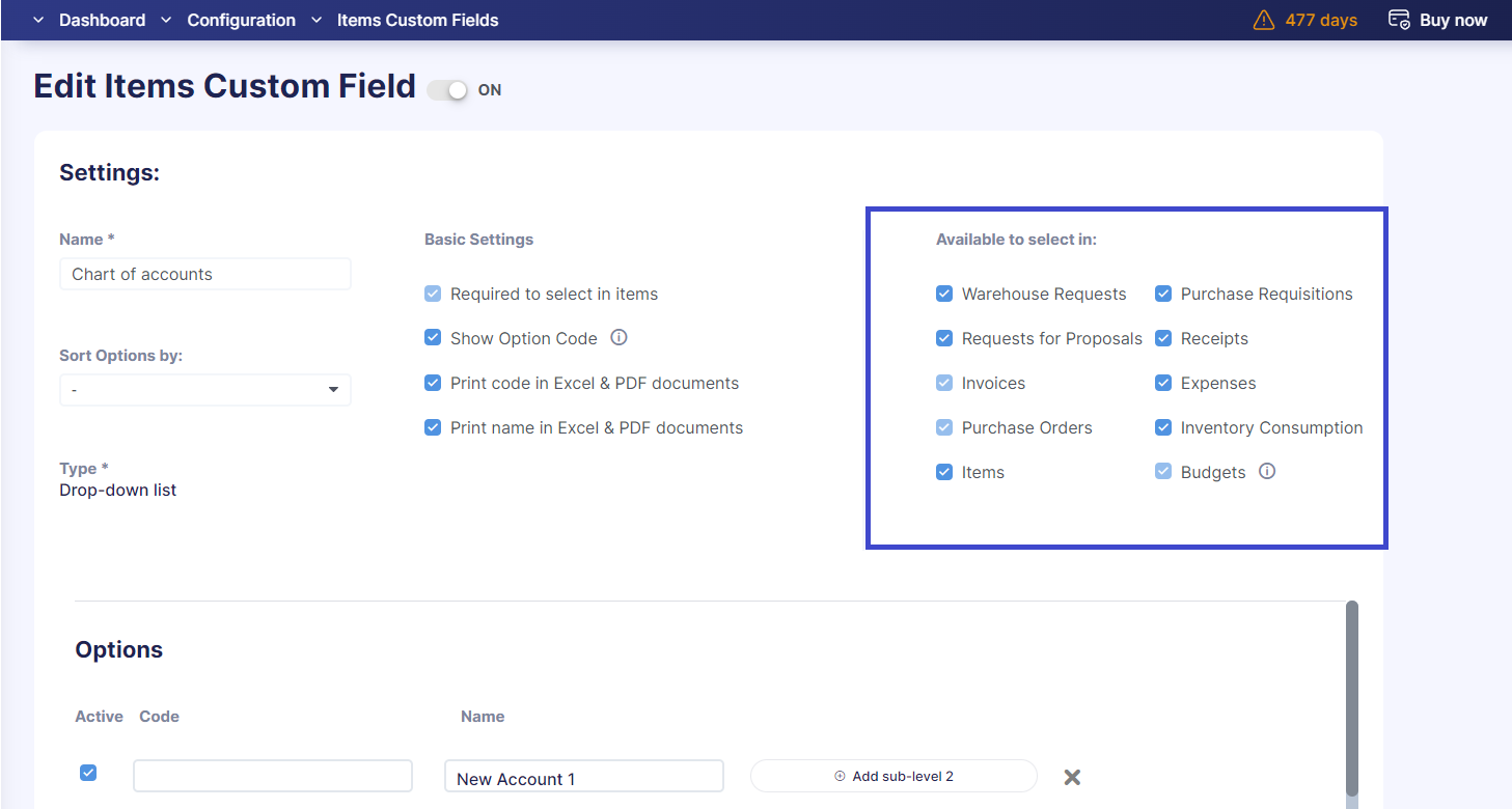 allowing custom fields in precoro