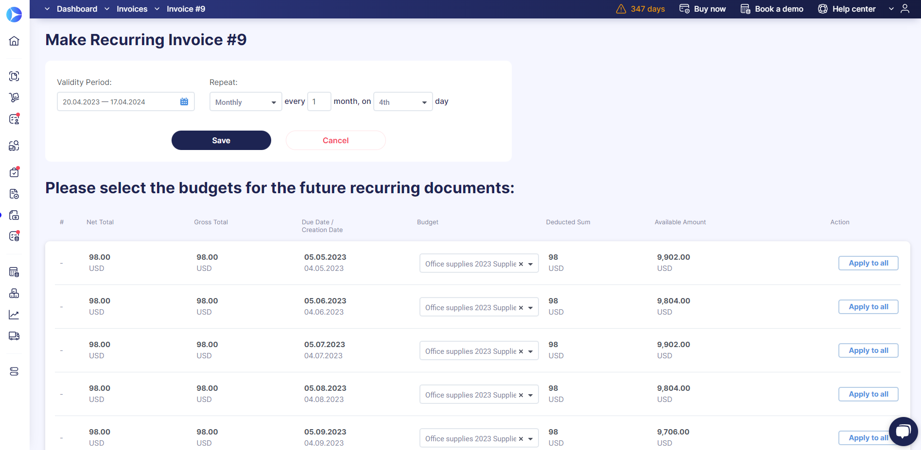 precoro recurring invoice