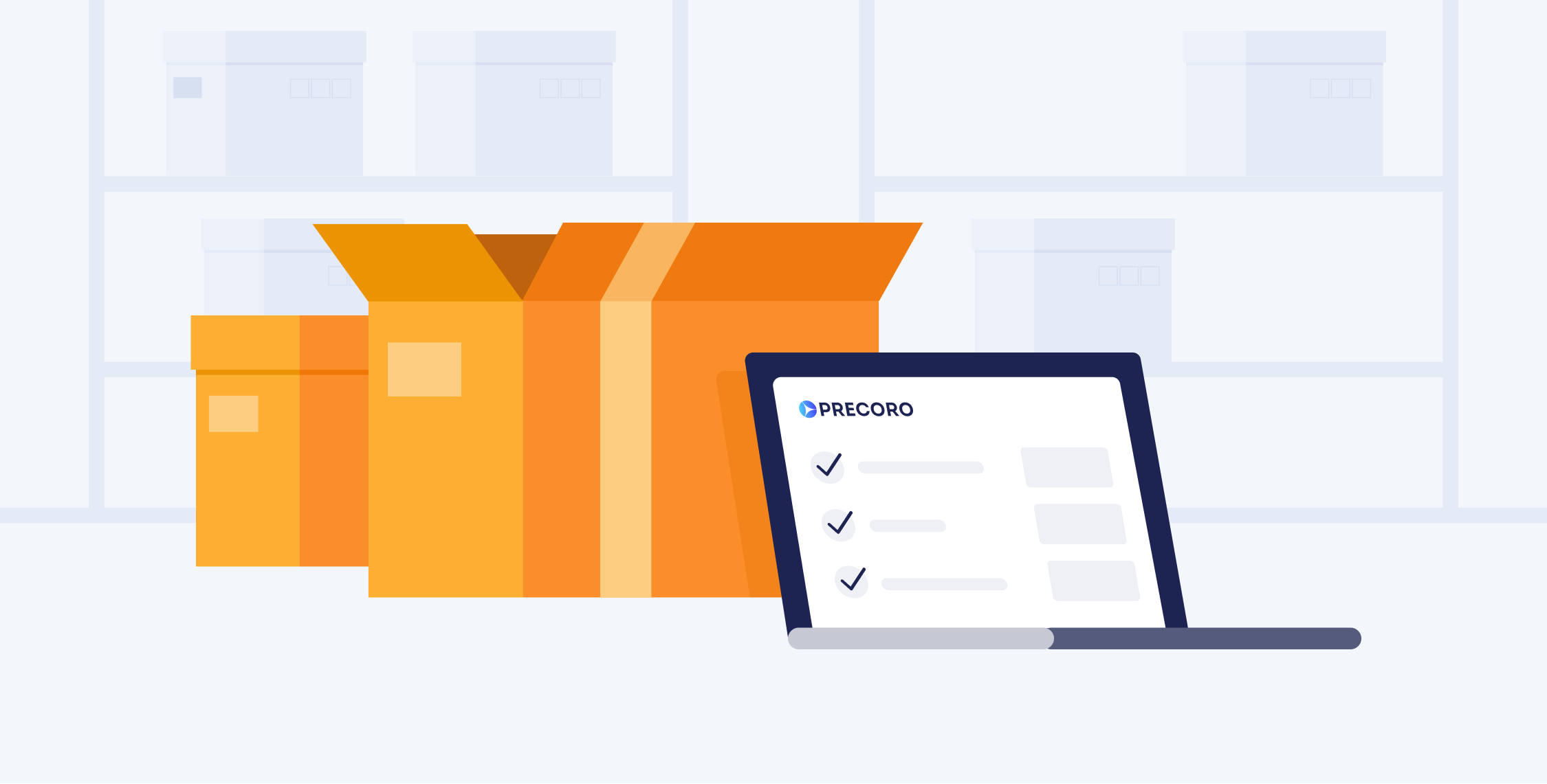 illustration of boxes of goods and computer with precoro software