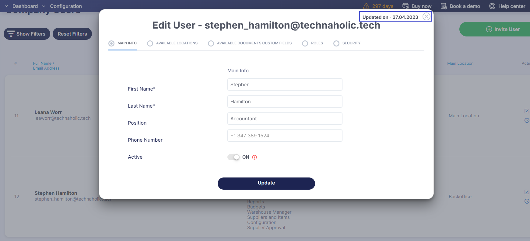 editing user profile in precoro