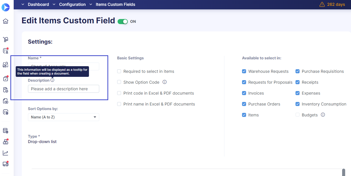 adding description to custom fields in precoro