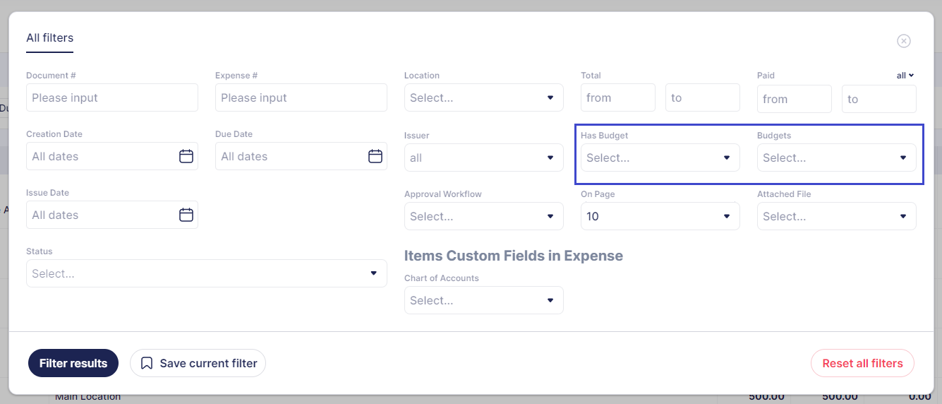 budget filters in precoro