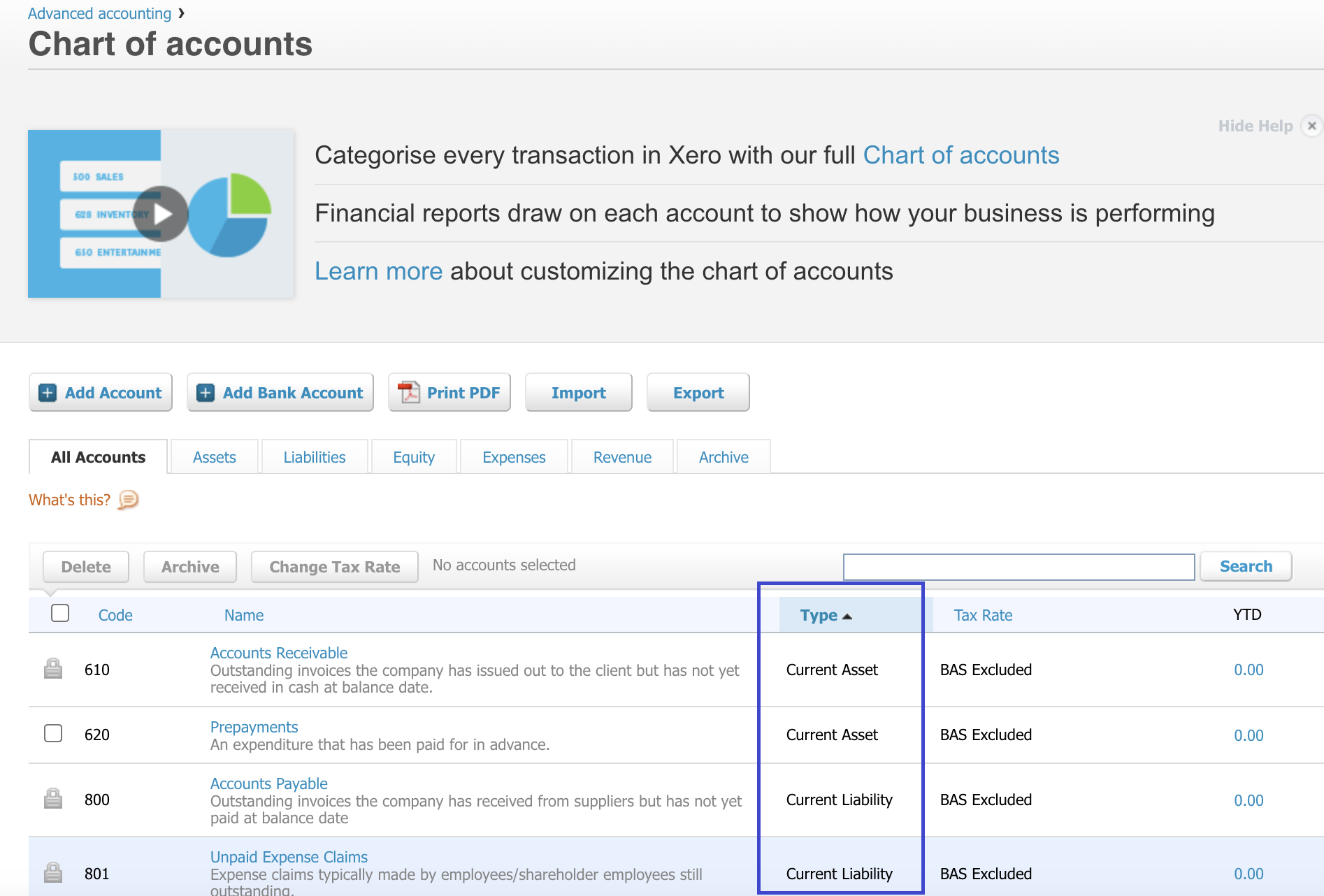 charts of accounts in xero