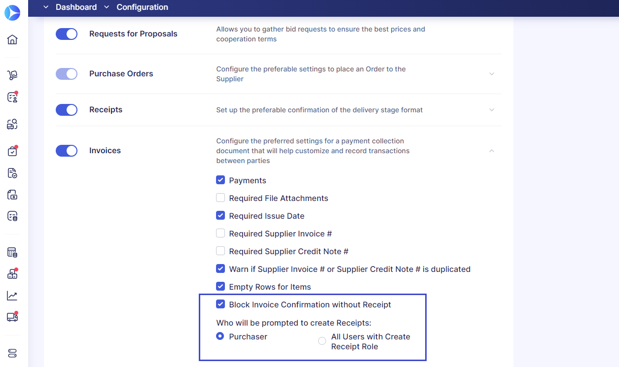 blocking invoice confirmation without receipt in precoro