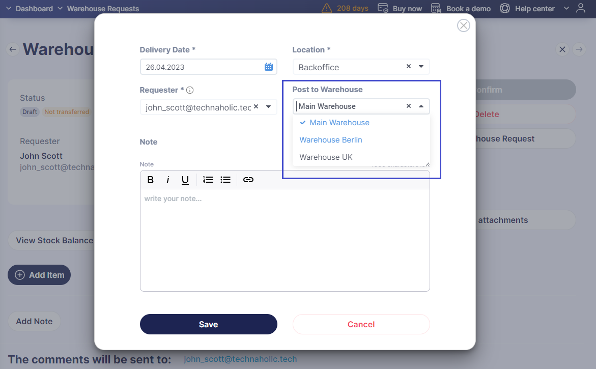 warehouse request editing in precoro