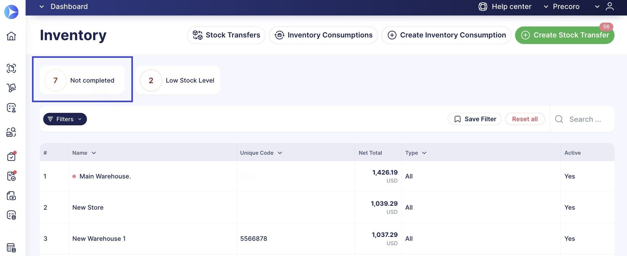 inventory page in precoro