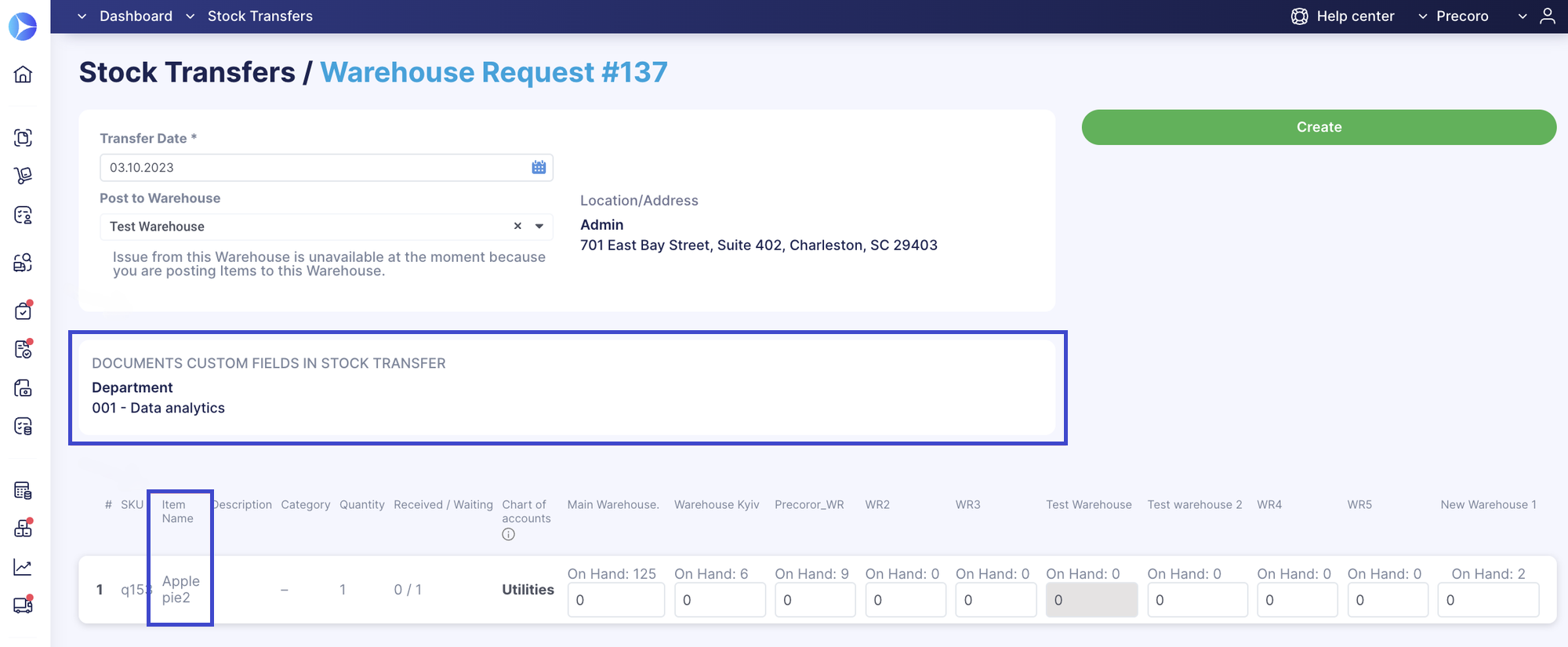 creating stock transfer from warehouse request in precoro