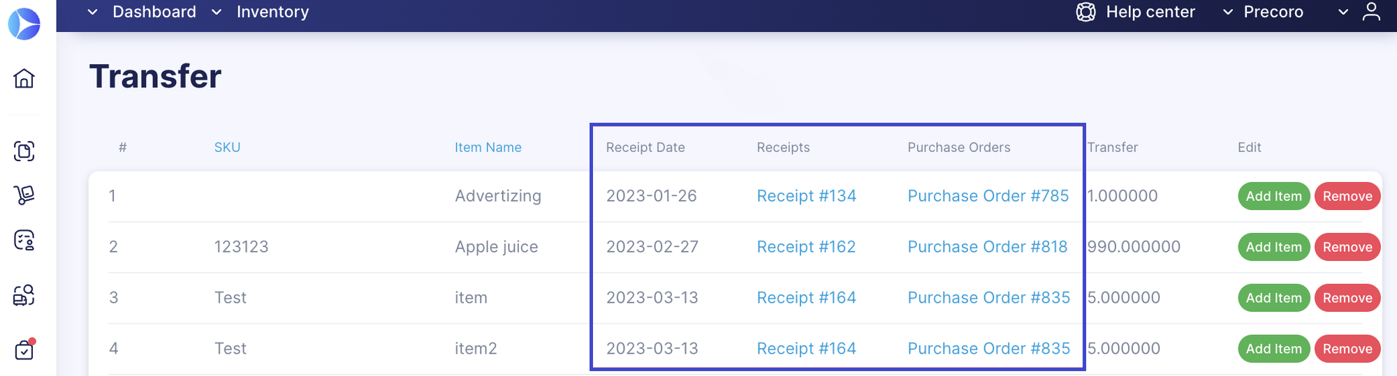 stock transfers in precoro