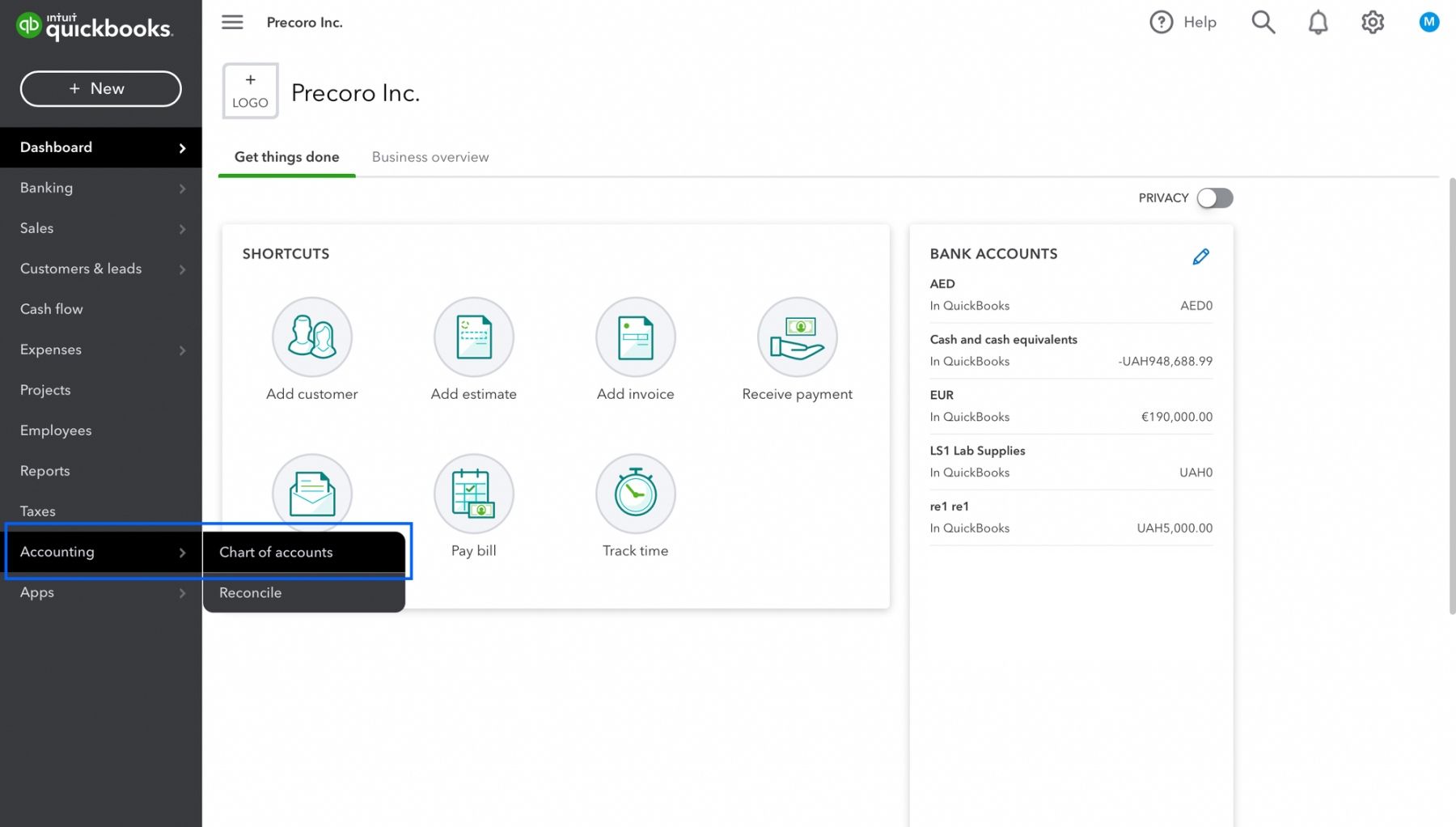 chart of accounts in quickbooks online