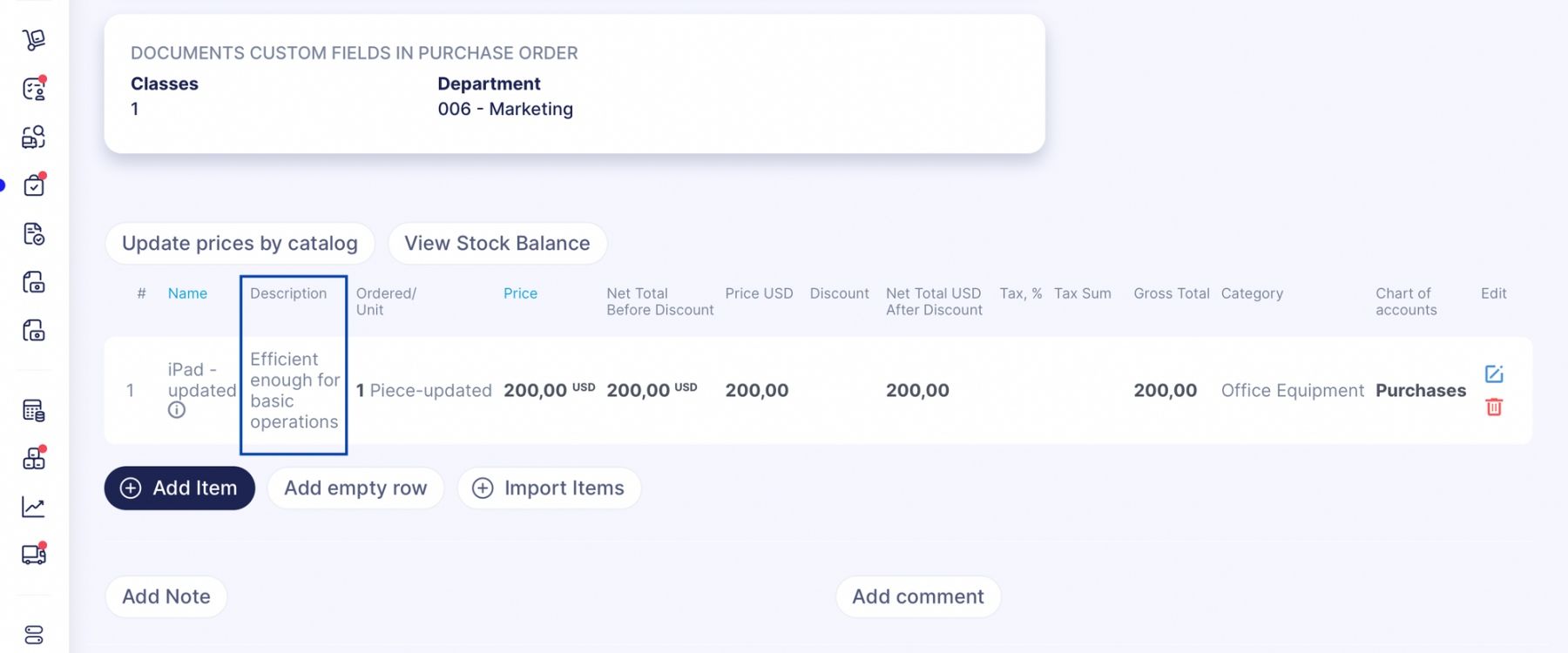 item description field in the purchase order