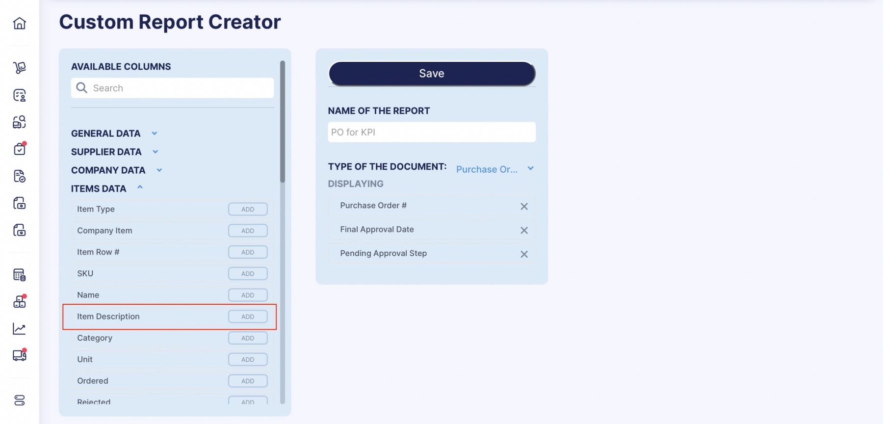 item description column in the custom report