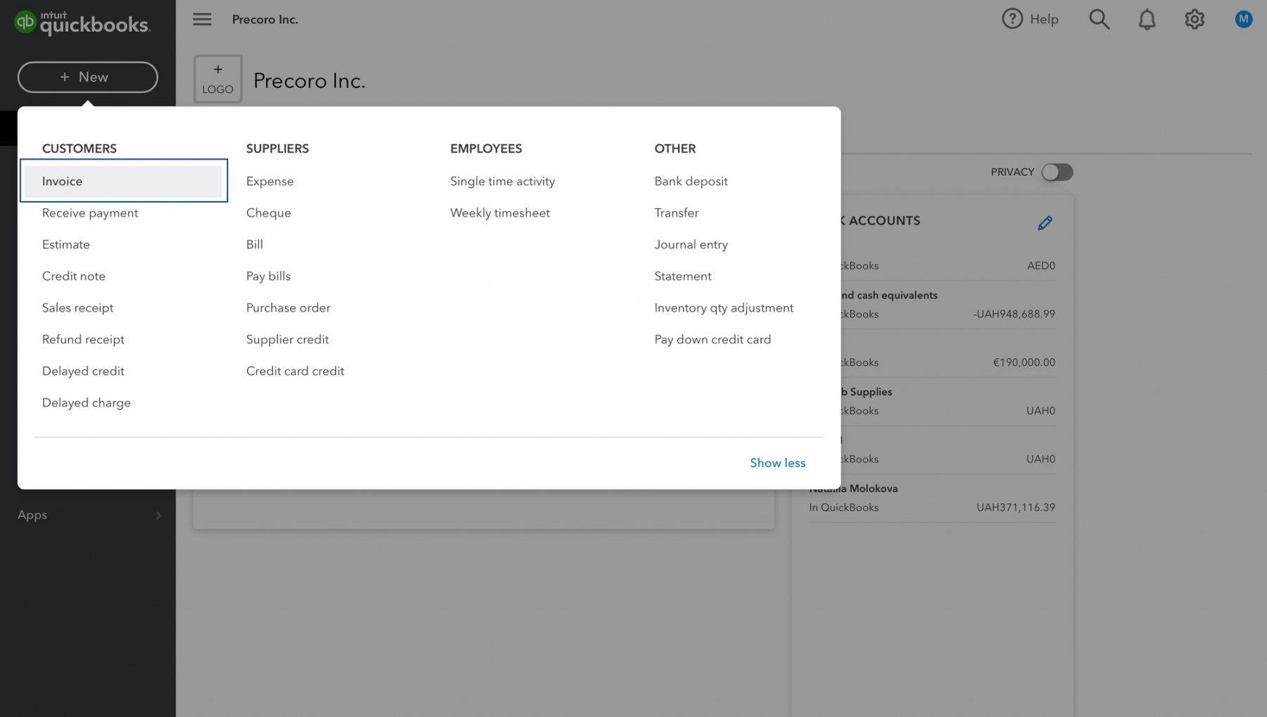 screenshot where to find the option to create invoice