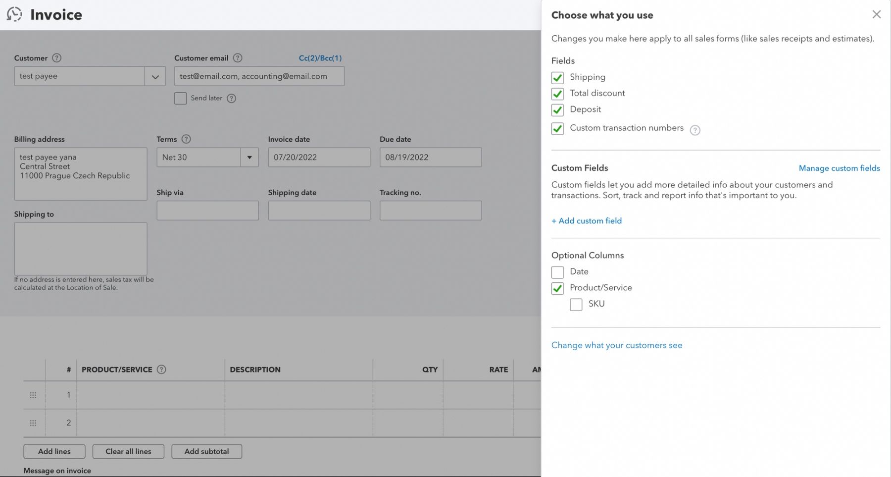 screenshot of turning on optional fields