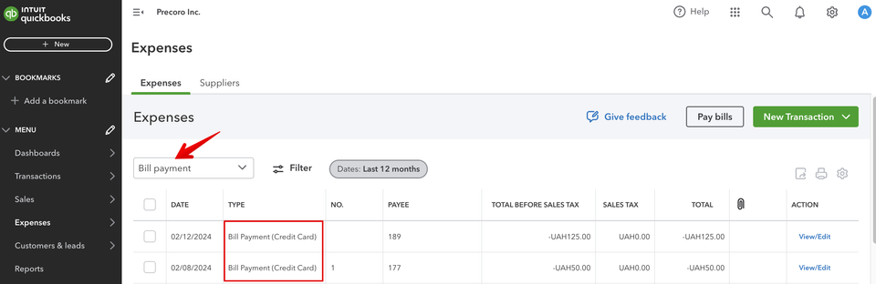 precoro's credit notes in quickbooks