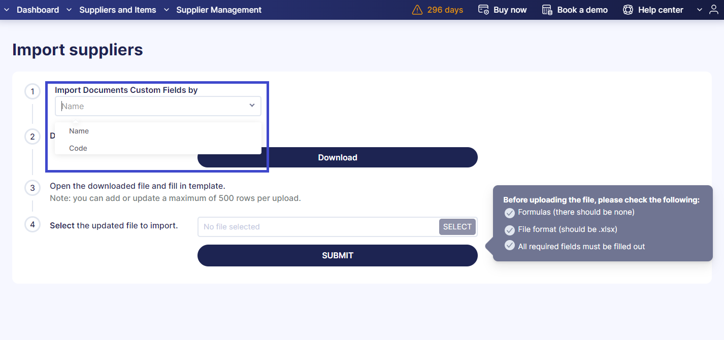 importing custom fields for suppliers in precoro