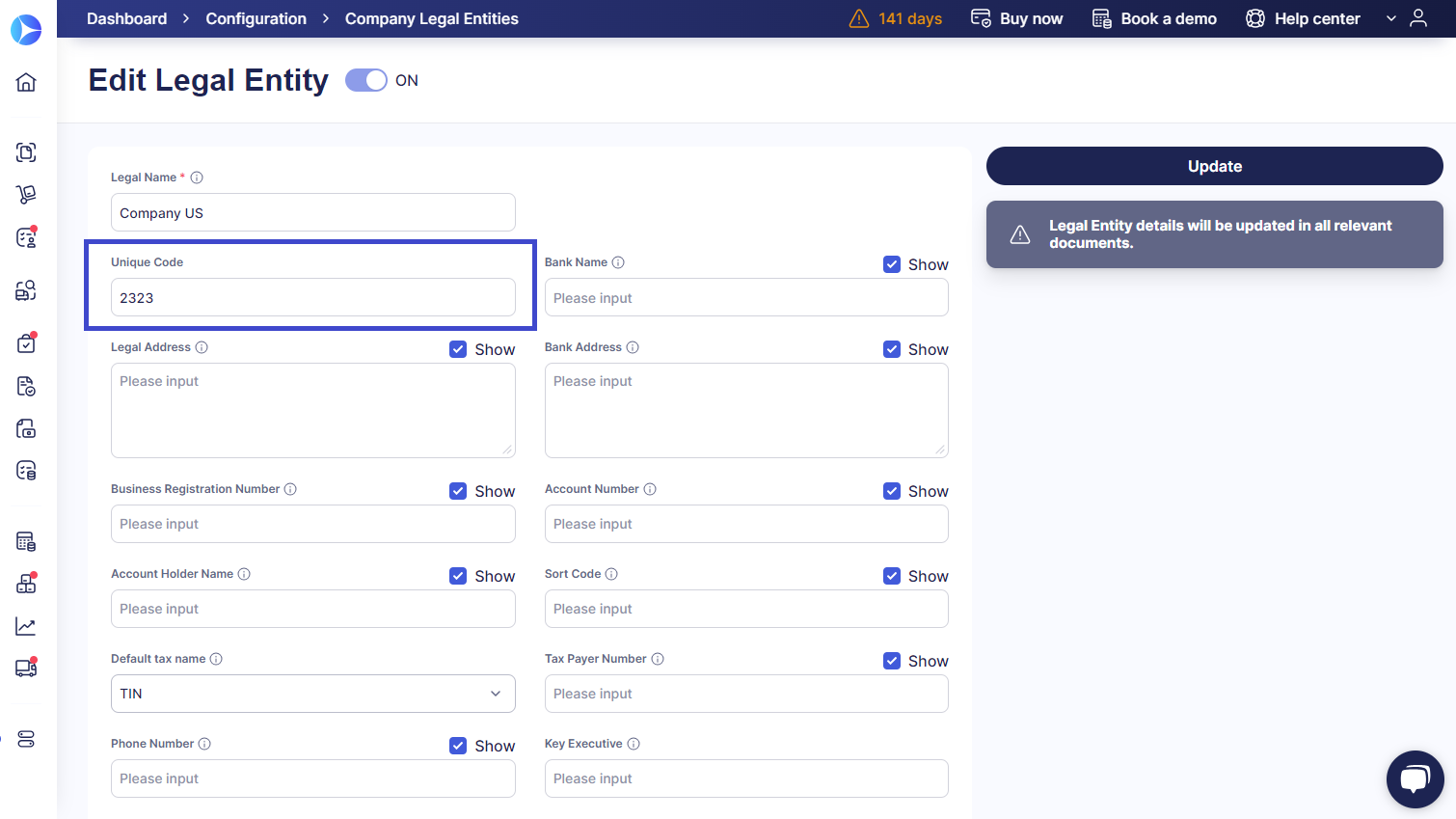 editing legal entity in precoro