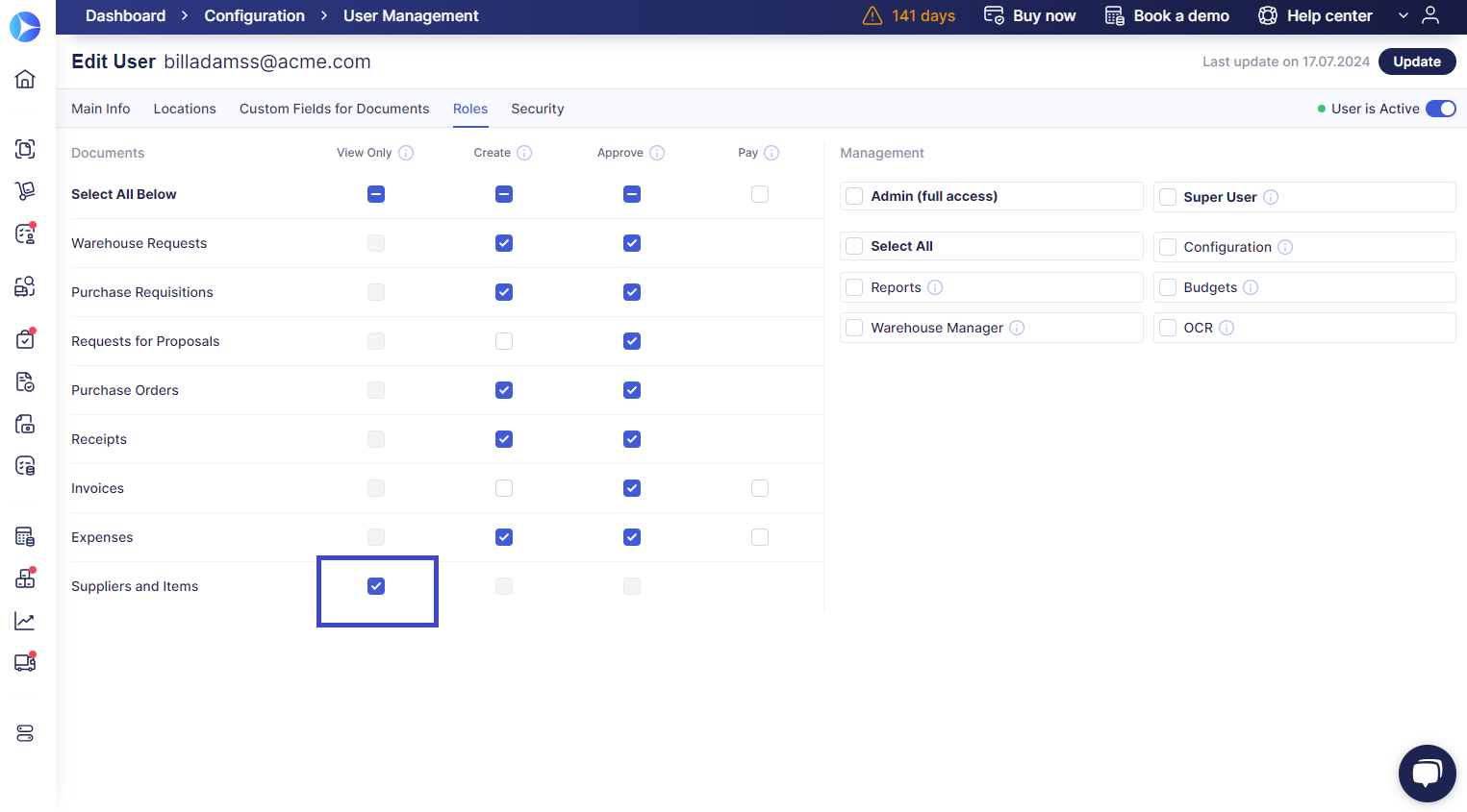 editing user roles in precoro