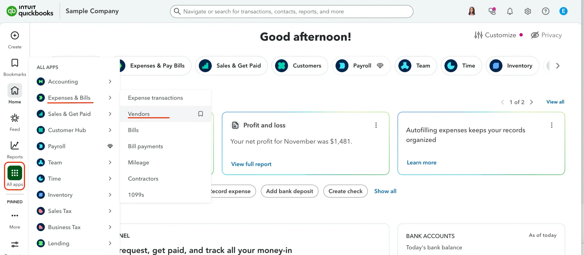 edit a purchase order in quickbooks online vendor tab step 1