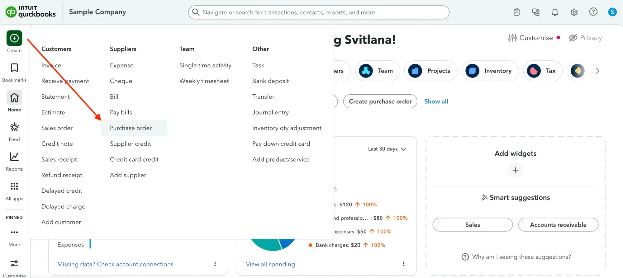 how to create a purchase order in quickbooks online step 1b