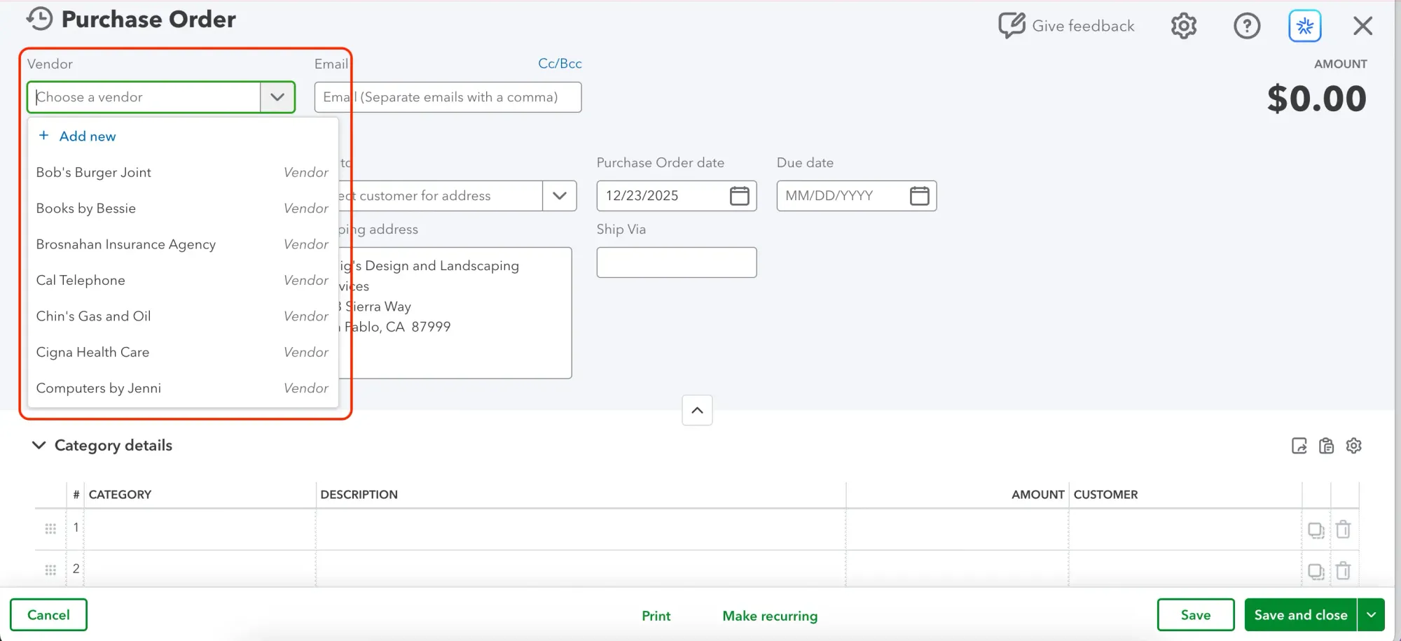 how to create a purchase order in quickbooks online step 2