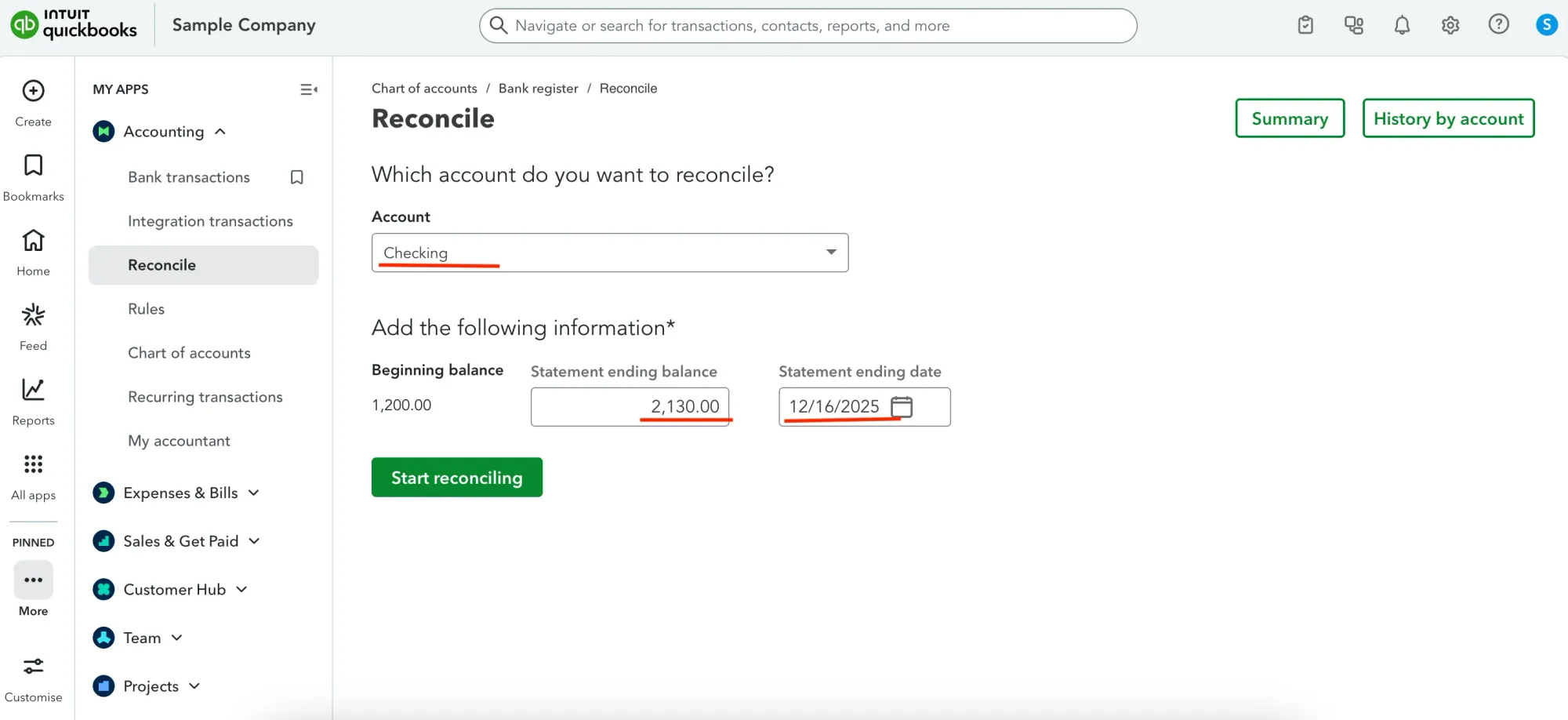 how to reconcile in quickbooks online step 2, 3