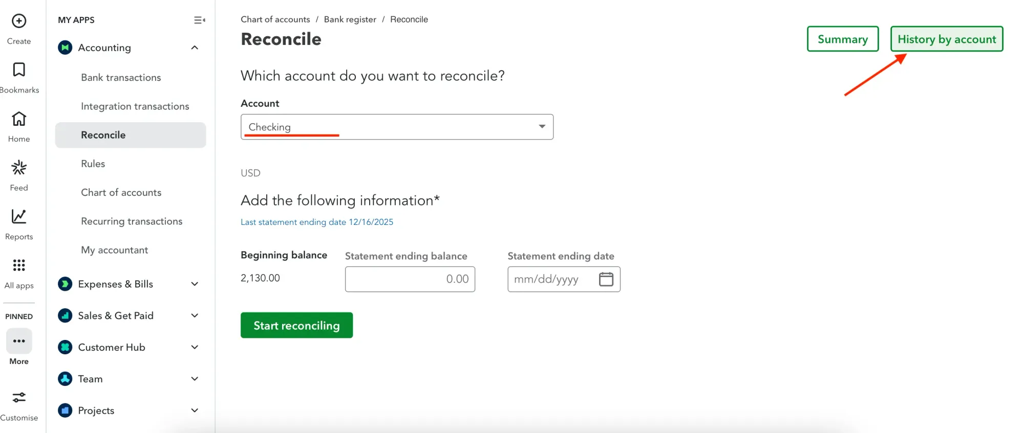 reconciliation report in quickbooks online step 1
