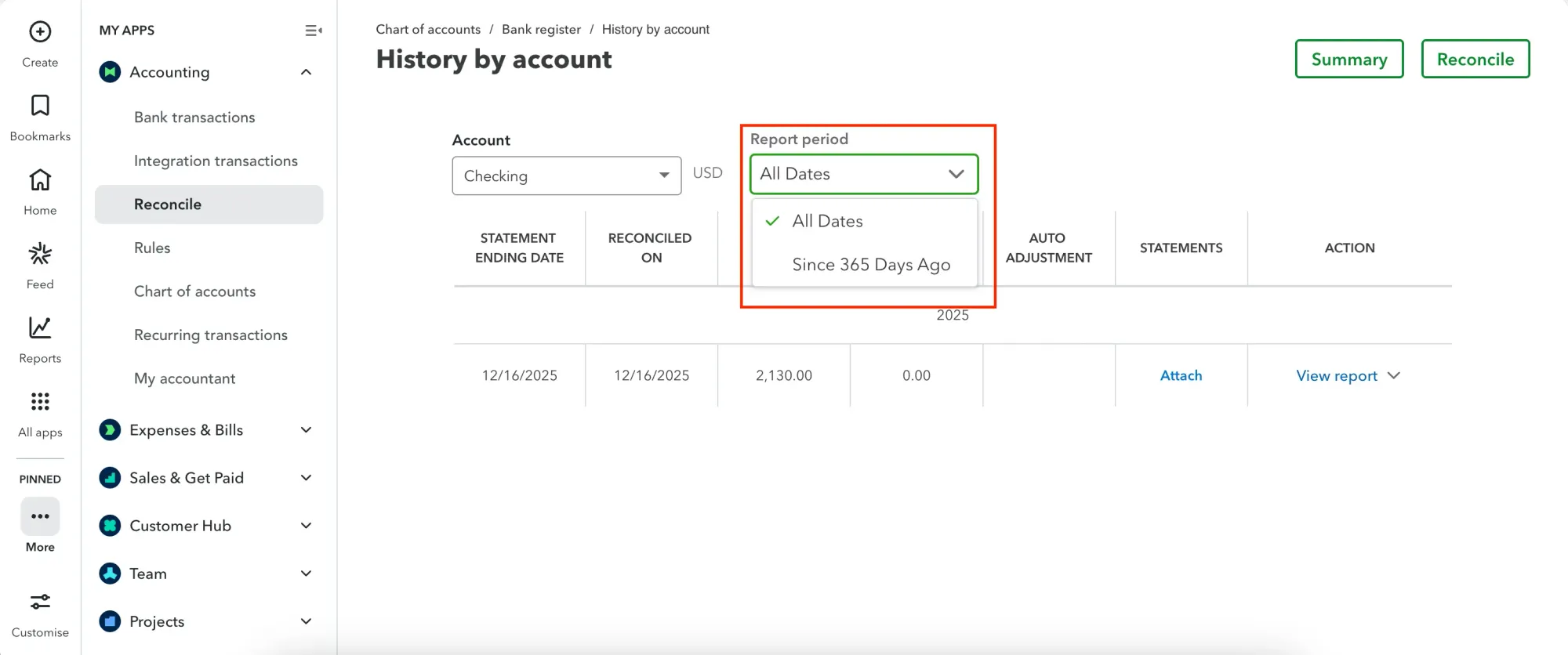 reconciliation report in quickbooks online step 2